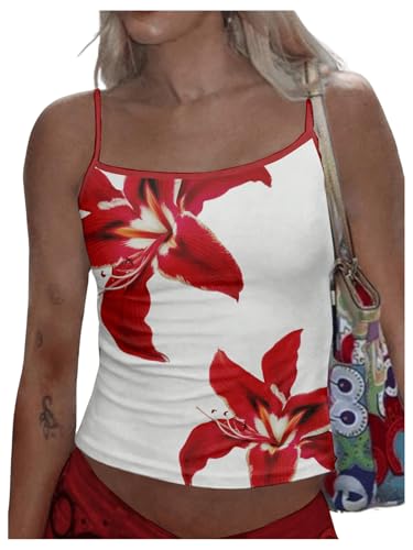 WDIRARA Women's Floral Print Cami Top Spaghetti Strap Crop Tops